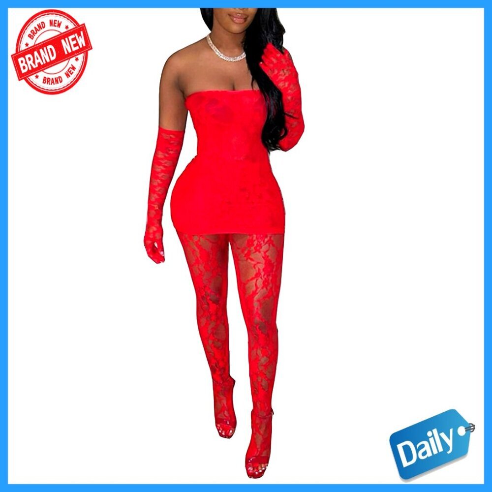 Lace Tube Dress Set with Stockings & Gloves for Night Out
